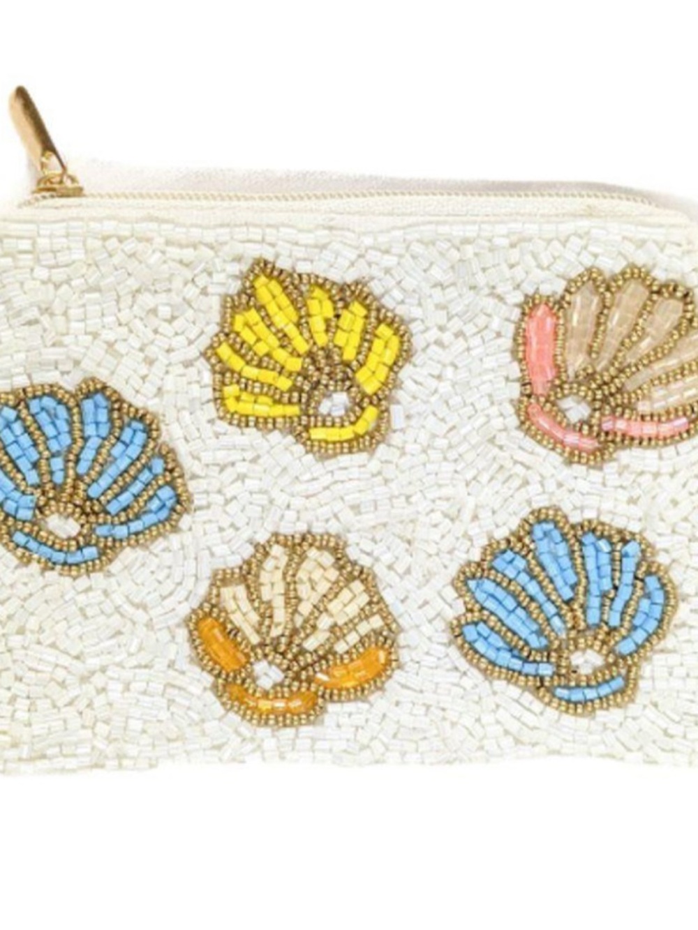 Beaded Shell Cosmetic Pouch - White with Multicolor Shells